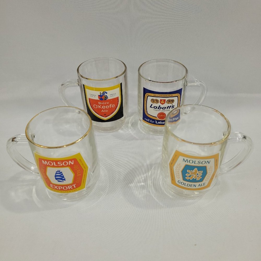 Vintage Glass Beer Mug Set 4 O'Keefe Ale Labatts Blue Molson Export & Golden